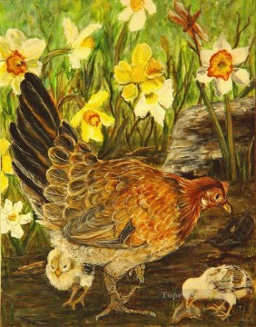 Fowl Painting - hen and chicks